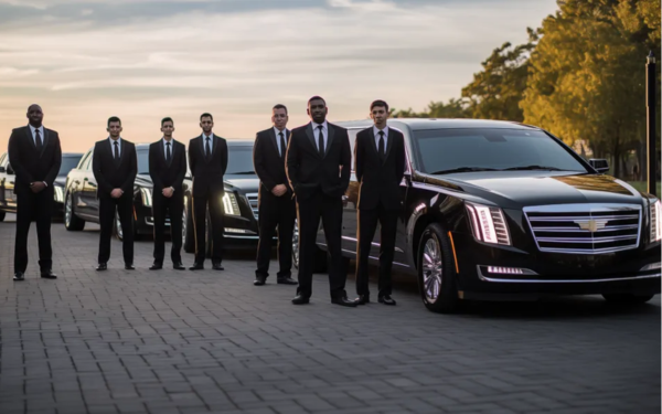 Men in suits posing next to a stylish black limousine